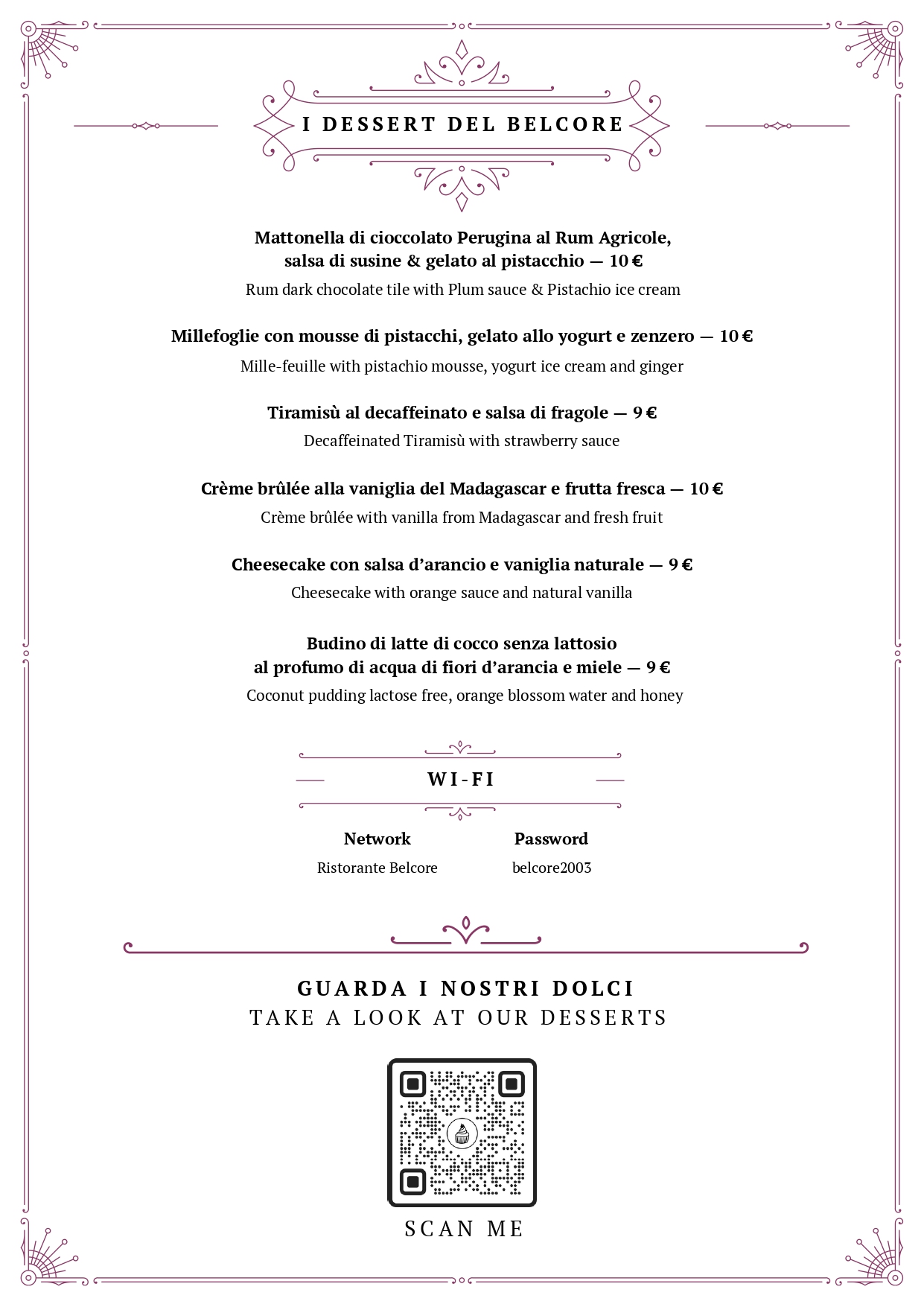 belcore restaurant - menu